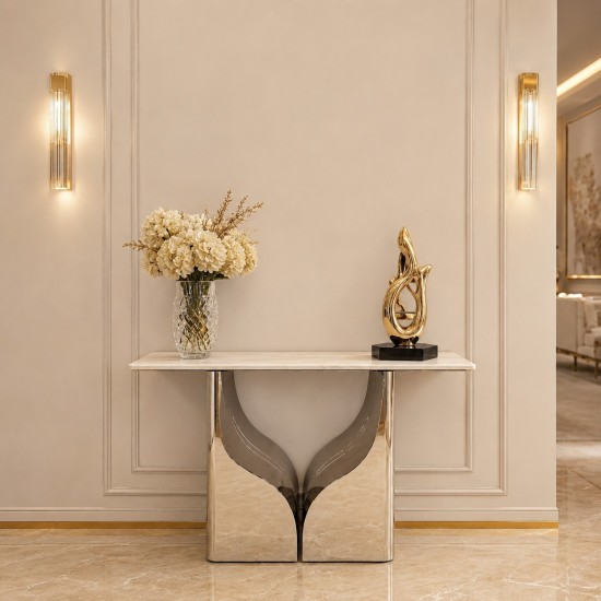 Silver Stainless Steel Console Table with Marble Top - 140 x 40 x 80 cm - 2A2B100006 Silver Stainless Steel Console Table with Marble Top - 140 x 40 x 80 cm - 2A2B100006
