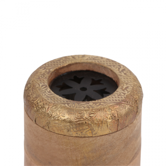 Cylindrical natural wood incense burner with brass decoration lid - 9 cm