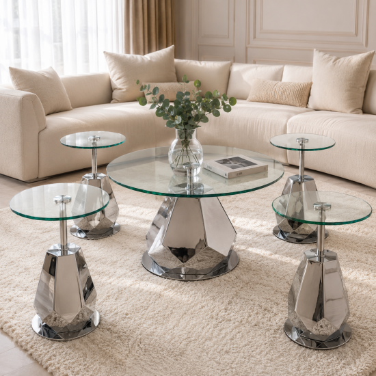 Stainless Steel Table Set with Clear Glass Tops – 5 Pieces – 2A2KK200100 Stainless Steel Table Set with Clear Glass Tops – 5 Pieces – 2A2KK200100
