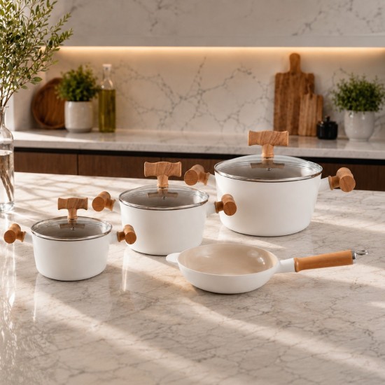 طقم قدور سيراميك  بيج مع أغطية زجاج حراري - 7 قطع -  2M1AA400024