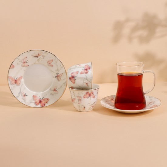 طقم فناجين قهوة وشاي زجاجية مزينة بنقوش فراشات - 36 قطعة - 2S1MM100379