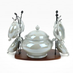 Luxury ceramic soup set with wooden stand - 2S1MM100322 Luxury ceramic soup set with wooden stand - 2S1MM100322