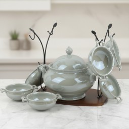 Luxury ceramic soup set with wooden stand - 2S1MM100322