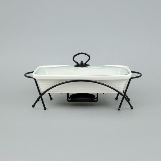 Premium rectangular ceramic serving warmer with glass lid - 11.5 inches