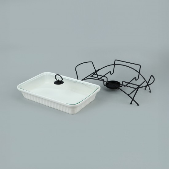 Premium Rectangular Ceramic Serving Warmer with Glass Lid - 13 Inch