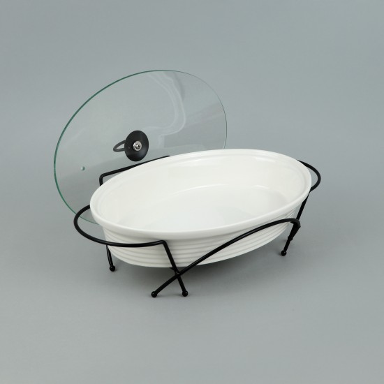 Premium oval ceramic serving warmer with glass lid - 14 inches