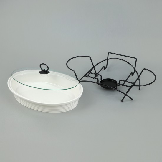 Premium oval ceramic serving warmer with glass lid - 14 inches