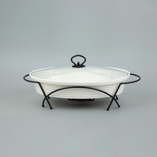 Premium oval ceramic serving warmer with glass lid - 14 inches
