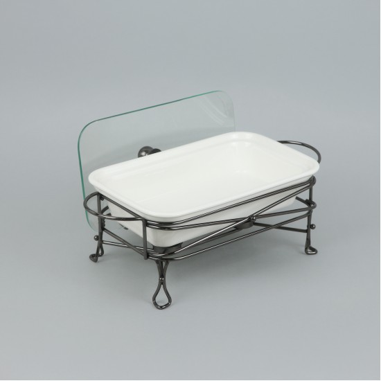 Premium Rectangular Ceramic Serving Warmer with Glass Lid - 12 Inch