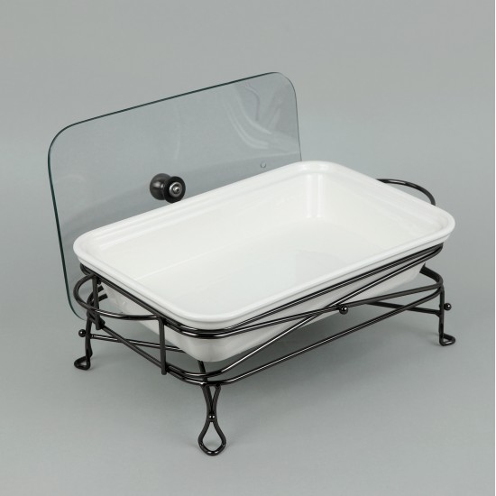 Premium Rectangular Ceramic Serving Warmer with Glass Lid - 13.5 inches