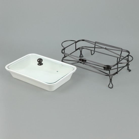 Premium Rectangular Ceramic Serving Warmer with Glass Lid - 13.5 inches