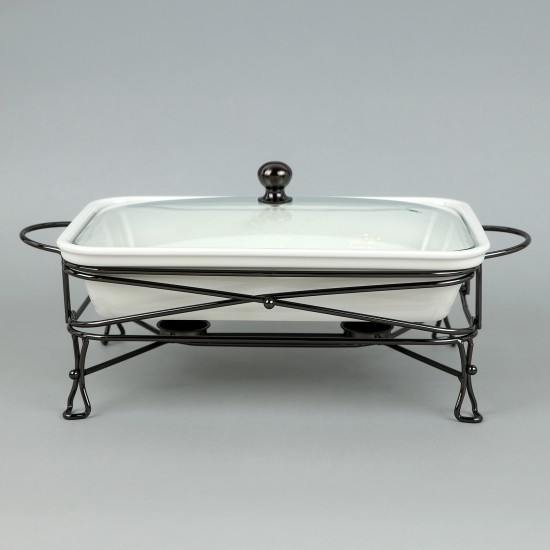Premium Rectangular Ceramic Serving Warmer with Glass Lid - 13.5 inches
