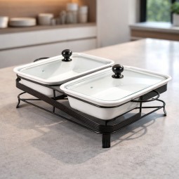 Premium Rectangular Ceramic Serving Warmer with Glass Lid - 12 Inch