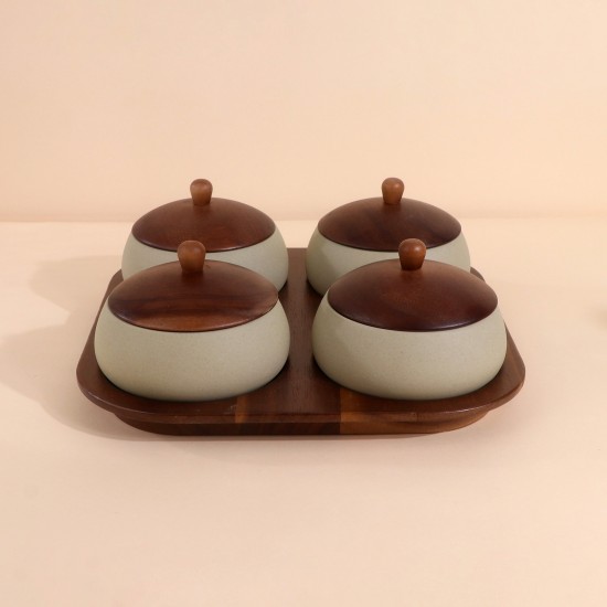 Luxury ceramic serving box set with wooden base - 4 compartments