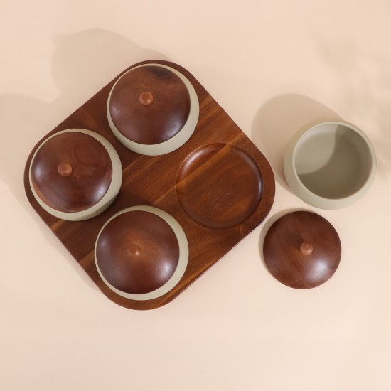 Luxury ceramic serving box set with wooden base - 4 compartments