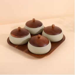 Luxury ceramic serving box set with wooden base - 4 compartments