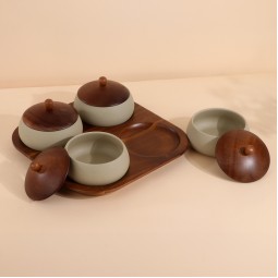 Luxury ceramic serving box set with wooden base - 4 compartments