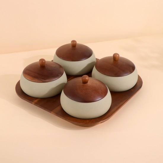 Luxury ceramic serving box set with wooden base - 4 compartments