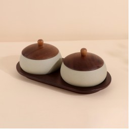 Luxury ceramic serving set with a wooden base