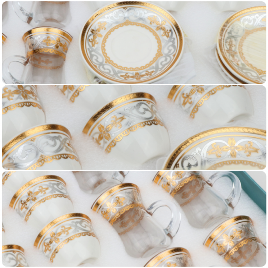 36-piece gold and silver patterned coffee and tea cup set 36-piece gold and silver patterned coffee and tea cup set