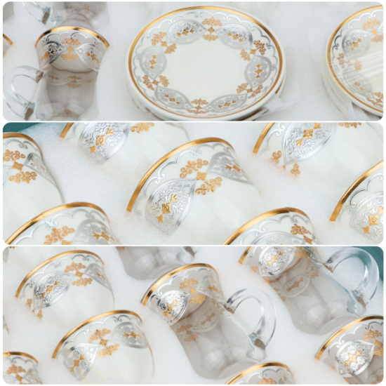 36-piece gold and silver patterned coffee and tea cup set 36-piece gold and silver patterned coffee and tea cup set