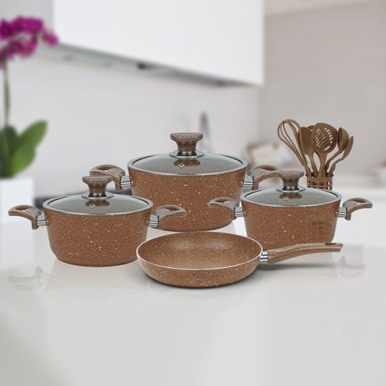 Turkish cookware set, 14 pieces, brown, with glass lid - 240BR/14G Turkish cookware set, 14 pieces, brown, with glass lid - 240BR/14G