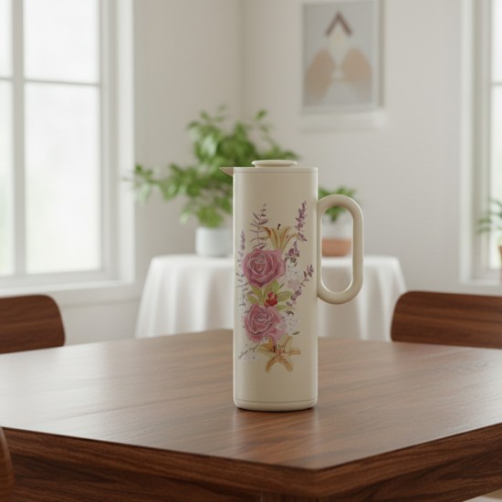Beige Thermal Tea Thermos with Elegant Floral Design, 1 Liter - 2GG1-B22-094 Beige Thermal Tea Thermos with Elegant Floral Design, 1 Liter - 2GG1-B22-094