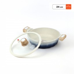 Granite saucepan with glass lid, gradient blue and light beige color, with a wooden handle, 24 cm - 2M1A400035 Granite saucepan with glass lid, gradient blue and light beige color, with a wooden handle, 24 cm - 2M1A400035
