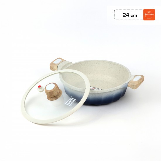 Granite saucepan with glass lid, gradient blue and light beige color, with a wooden handle, 24 cm - 2M1A400035 Granite saucepan with glass lid, gradient blue and light beige color, with a wooden handle, 24 cm - 2M1A400035