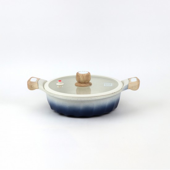 Granite saucepan with glass lid, gradient blue and light beige color, with a wooden handle, 24 cm - 2M1A400035 Granite saucepan with glass lid, gradient blue and light beige color, with a wooden handle, 24 cm - 2M1A400035