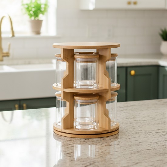 12-Piece Ceramic Spice Jar Set with Revolving Wooden Stand - 2MM1-R01-014
