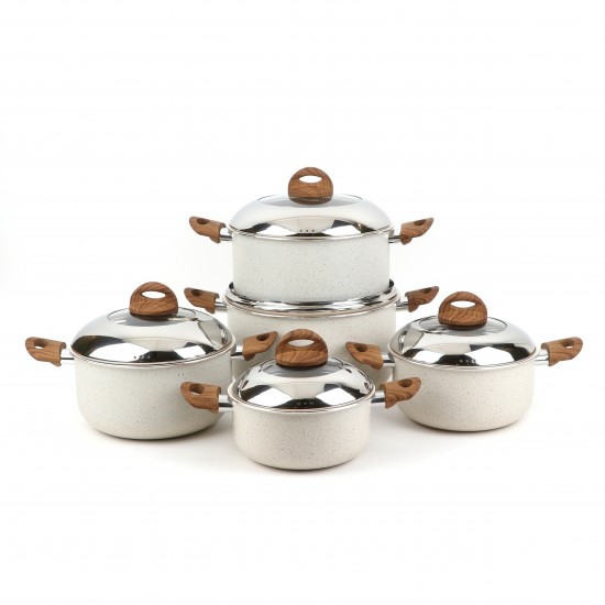 10-piece granite cookware set, beige color, with wooden-style handles - 2S1A100026