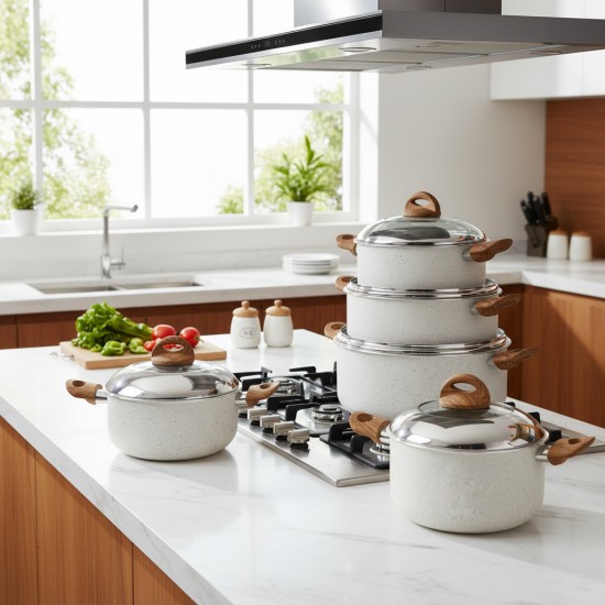 10-piece granite cookware set, beige color, with wooden-style handles - 2S1A100026