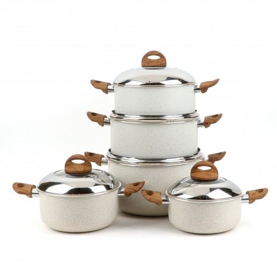 10-piece granite cookware set, beige color, with wooden-style handles - 2S1A100026
