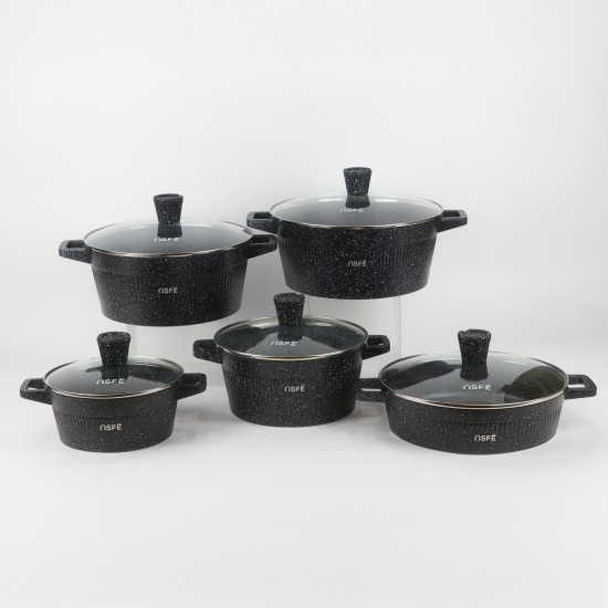 10-Piece Black Granite Cookware Set with Wooden Handle - 2S1AA10002