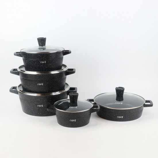 10-Piece Black Granite Cookware Set with Wooden Handle - 2S1AA10002