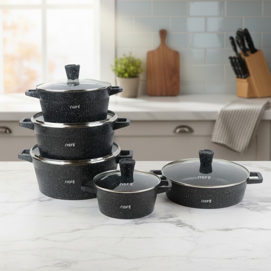10-Piece Black Granite Cookware Set with Wooden Handle - 2S1AA10002