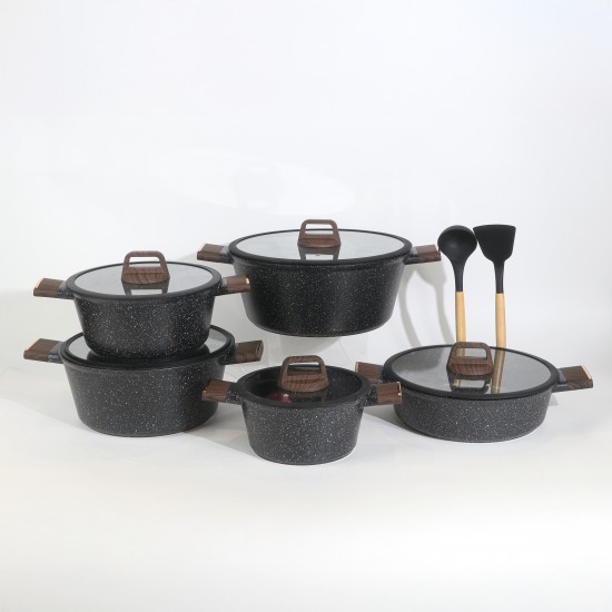 12-Piece Granite Cookware Set with Wooden Handle - 2S1AA100016