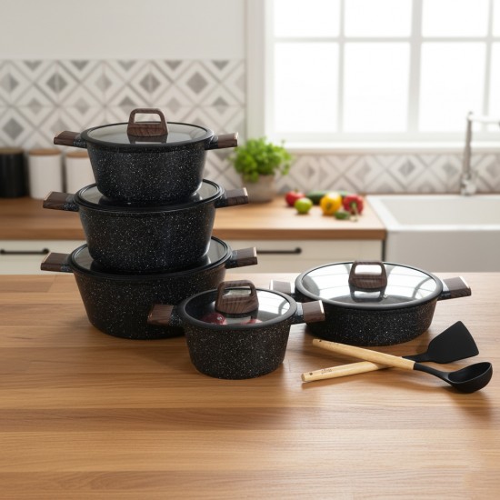 12-Piece Granite Cookware Set with Wooden Handle - 2S1AA100016