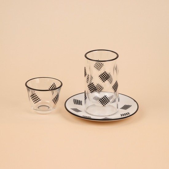 18-piece tea and coffee cup set, glass and ceramic, black pattern - 2S1MM100139