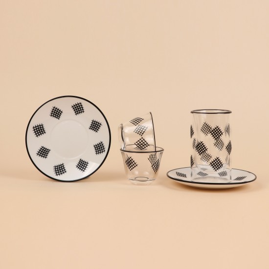 18-piece tea and coffee cup set, glass and ceramic, black pattern - 2S1MM100139