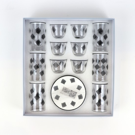 18-piece tea and coffee cup set, glass and ceramic, black pattern - 2S1MM100139