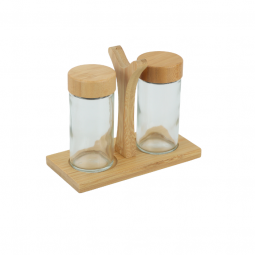 طقم علب بهارات زجاج  2 قطعة مع استاند خشب - 2SS02-1561