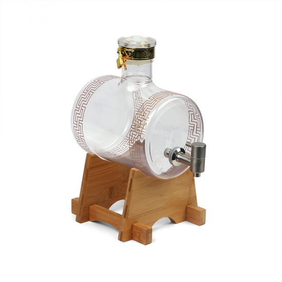 Barrel-Shaped Glass Beverage Dispenser with Wooden Base - 2SS02-1814 Barrel-Shaped Glass Beverage Dispenser with Wooden Base - 2SS02-1814