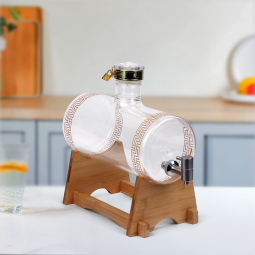 Barrel-Shaped Glass Beverage Dispenser with Wooden Base - 2SS02-1815