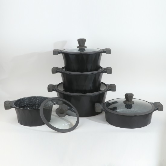 Granite cookware set with a distinctive design, black color - 10 pieces - 2SS1-A01-015