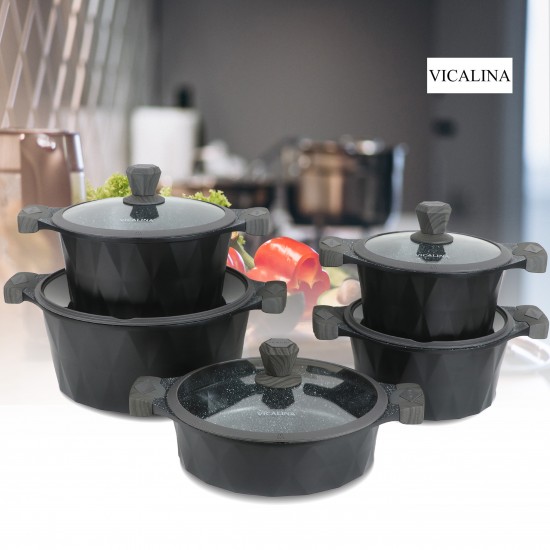 Granite cookware set with a distinctive design, black color - 10 pieces - 2SS1-A01-015