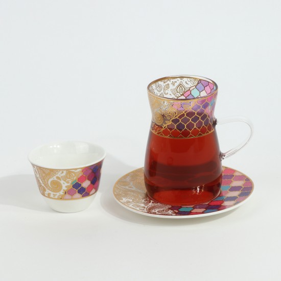 طقم شاي وقهوة - 36 قطعة - فخم بزخارف ملونه و تصميم فاخر بخطوط ذهبية - 2SS1-T01-074