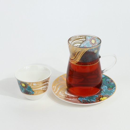طقم شاي وقهوة - 36 قطعة - فخم بزخارف ملونه و تصميم فاخر بخطوط ذهبية - 2SS1-T01-076