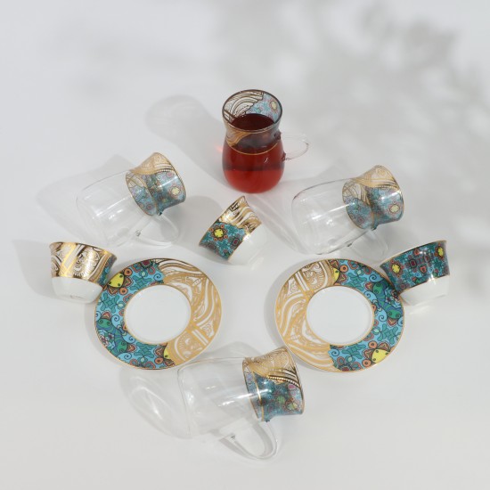 طقم شاي وقهوة - 36 قطعة - فخم بزخارف ملونه و تصميم فاخر بخطوط ذهبية - 2SS1-T01-076